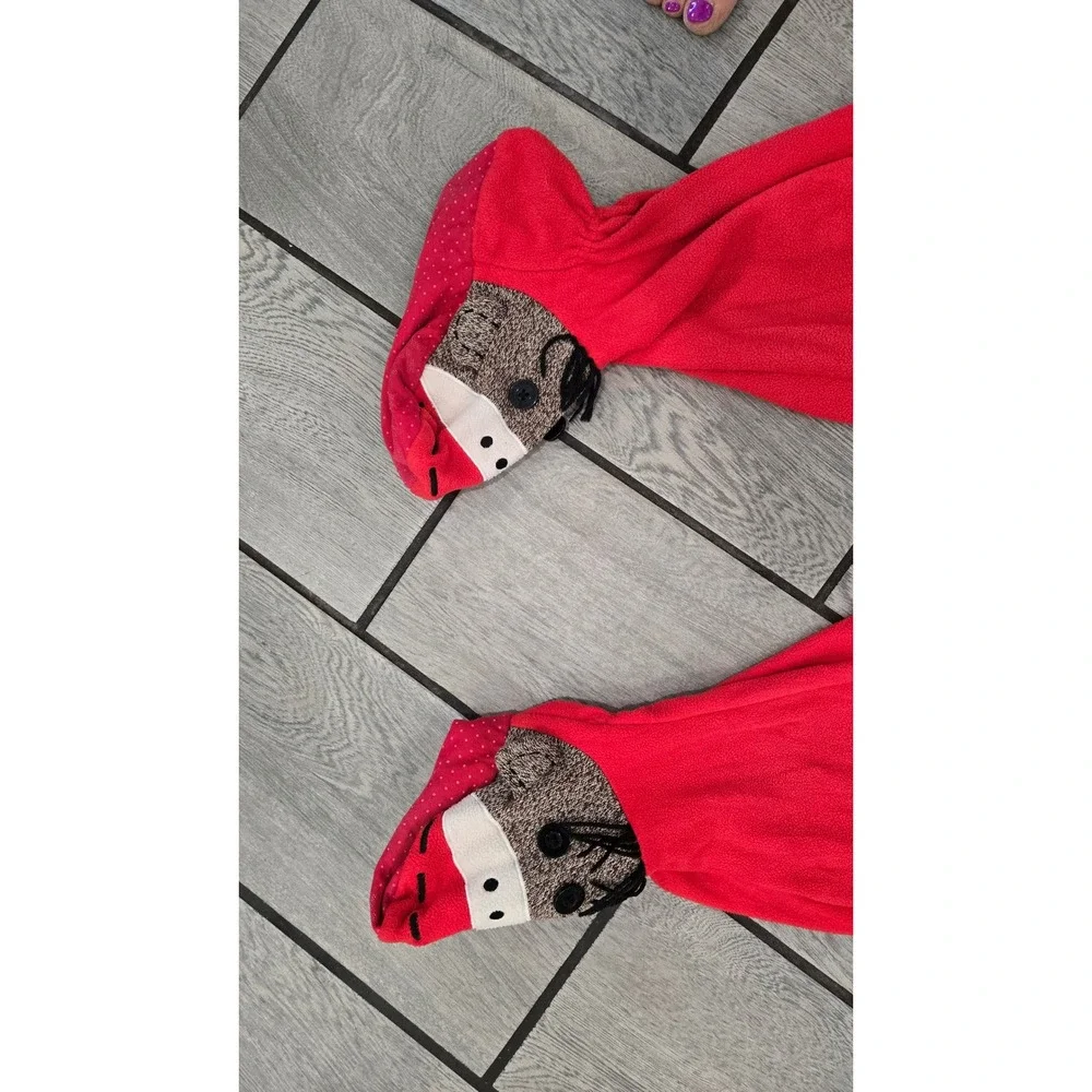Nick & Nora Red Fleece Sock Monkey Footed Pajamas Union Suit Sleeper Medium